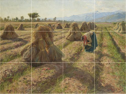 Tile mural with harvest scene, sheaves, peasant woman and mountains